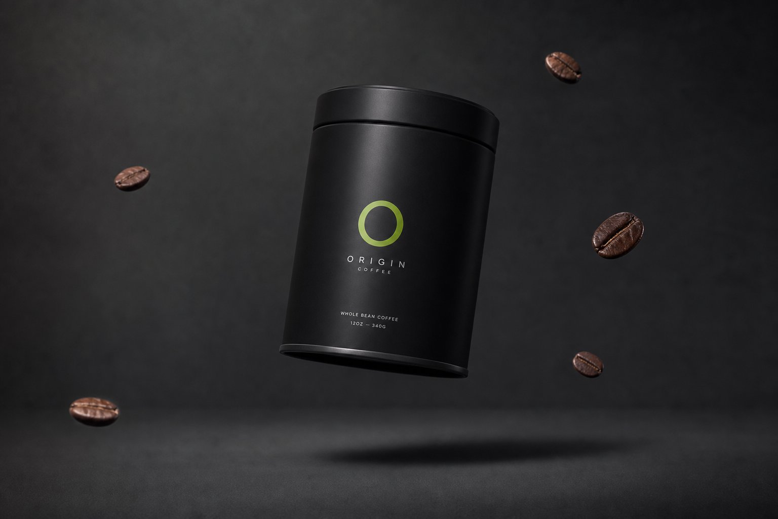 BRÜM matte black coffee can with lime logo floating above a shadow