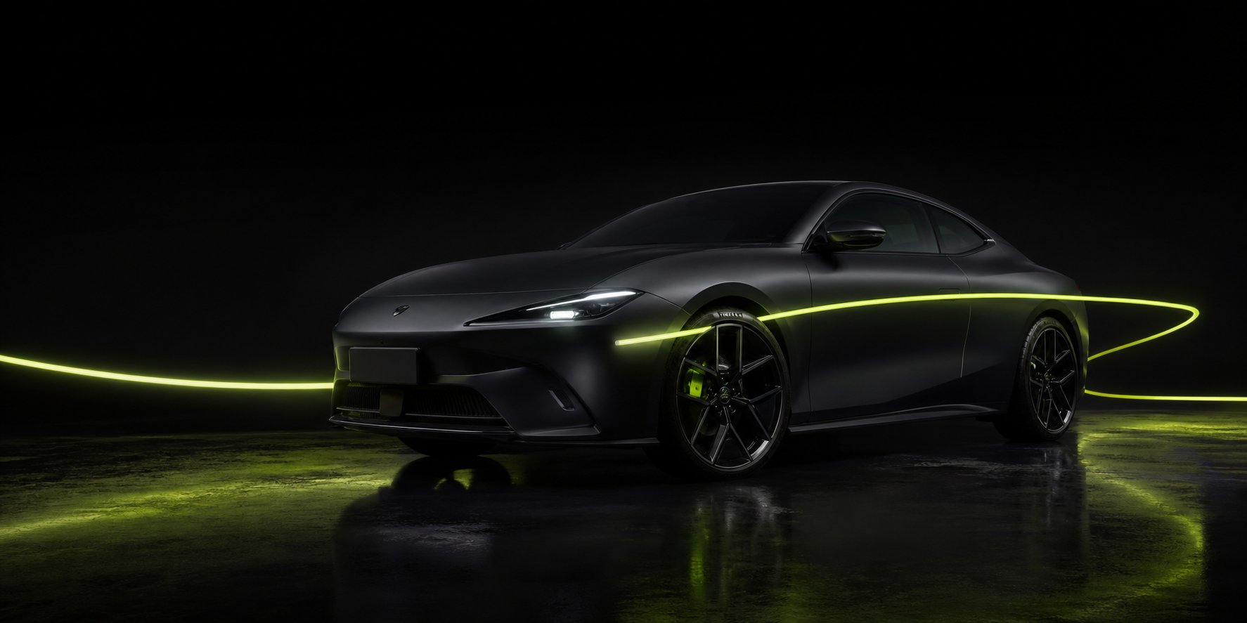KOVA matte black electric coupe lit by a lime light streak